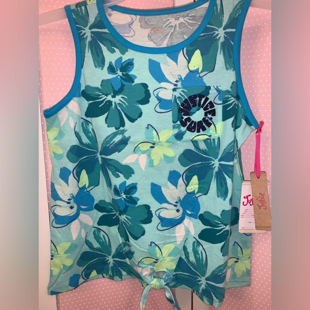 Girls size L 12-14 tank top. Blue/green floral big flowers front pocket sparkle